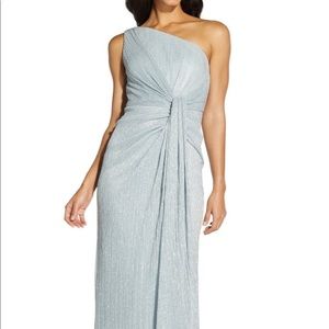 One Shoulder Metallic Pleated Knit Gown